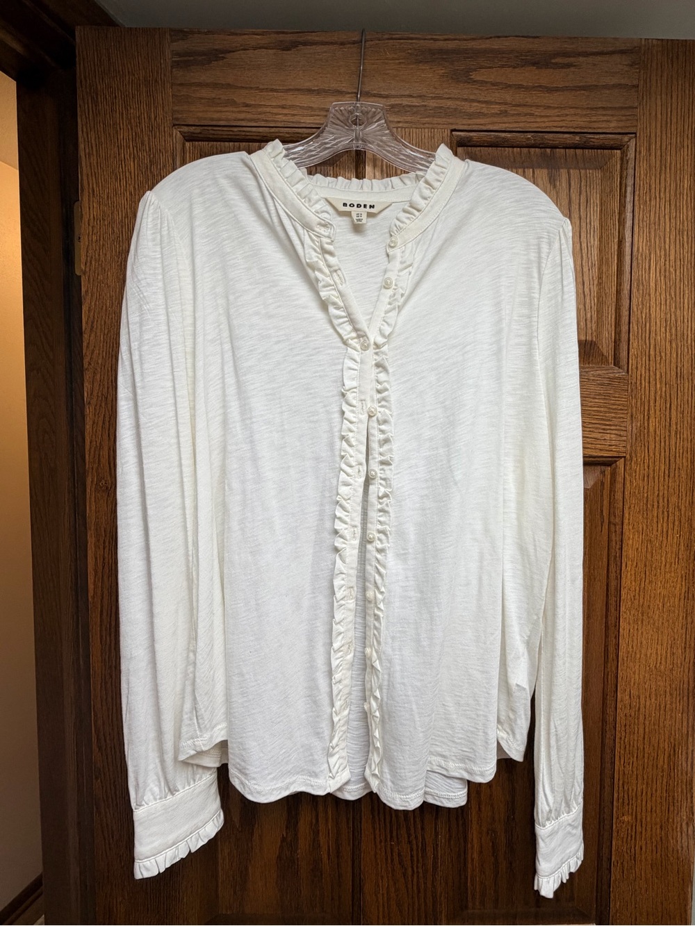 Boden Cream Ruffle-Trim Button-Front Blouse